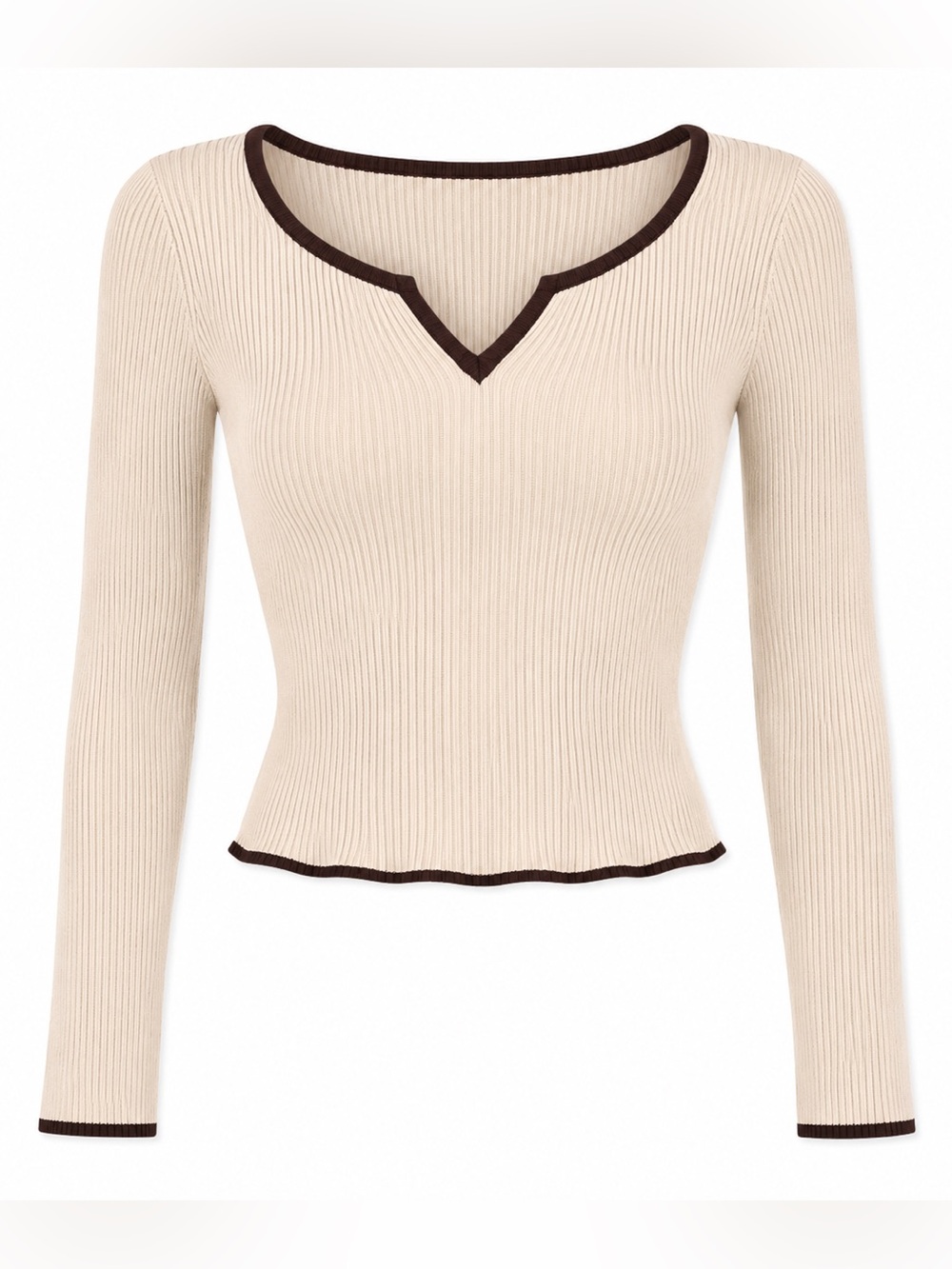 CREAM LONG SLEEVE RIBBED V NECK SWEATER WITH DARK BROWN TRIM